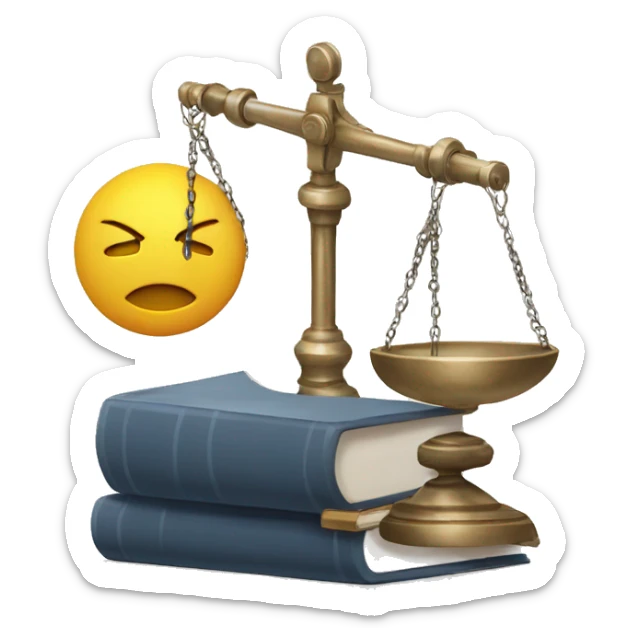 a balance of justice with a robot head on one side and a book on the other side sticker