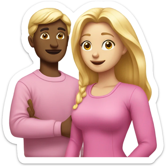 Man kneeling in front of woman standing with pink clothes and blonde hair  sticker