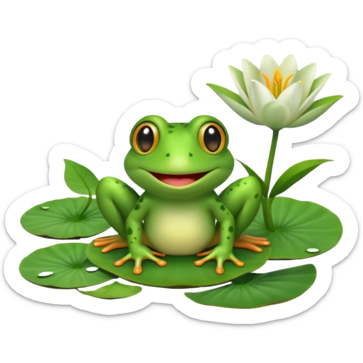 A cute 3D cartoon frog sitting on a lily pad, bright green skin, big friendly eyes, smiling face, soft natural lighting, Memoji-style rendering. sticker