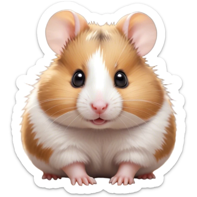 Cinematic Cute Brown and White Banded Hamster Portrait Emoji, Head tilted playfully and inquisitively, showcasing a fluffy fur with playful brown and white banded patterns, round, sparkling dark eyes filled with curiosity, Simplified yet irresistibly adorable features, highly detailed, glowing with a warm, friendly glow, high shine, affectionate and lively, stylized with a touch of whimsy, bright and endearing, soft glowing outline, capturing the essence of a mischievous yet loving hamster, so playful it feels like it could dash out of the screen and into your arms! sticker