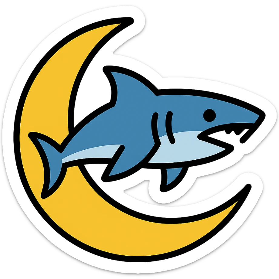 Make the shark swimming across the moon, keep the color outline icon style sticker