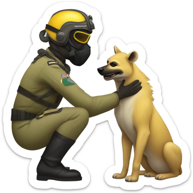Yellow army Pilot with black mask googles, and then a big hyena kissing kissing him sticker