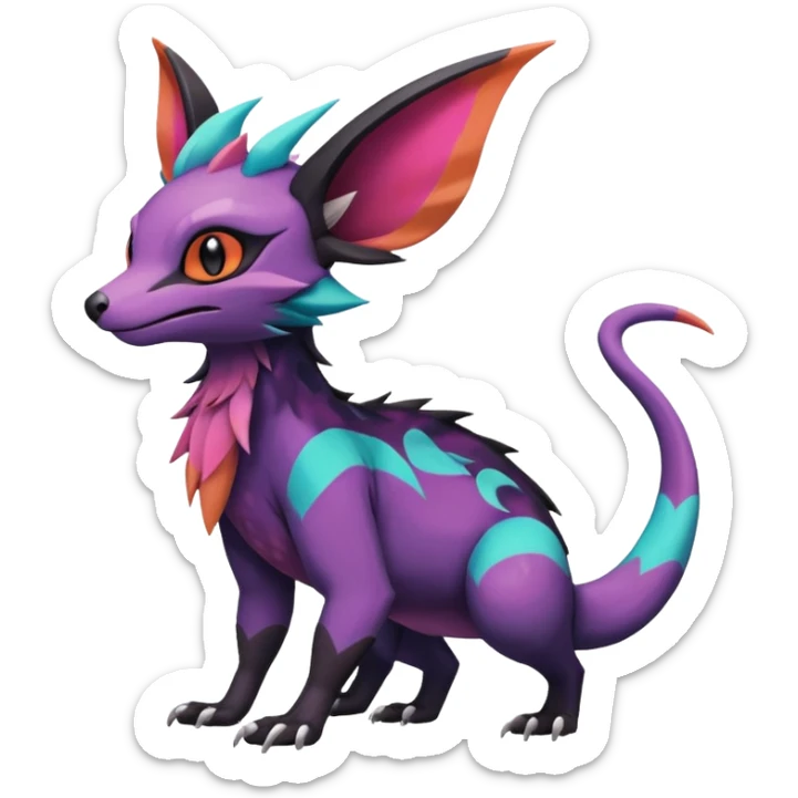 Rare epic aesthetic colorful Noivern-Salandit-Noibat-Eevee-Civet-species-Fakemon-hybrid-creature, with markings, full body sticker