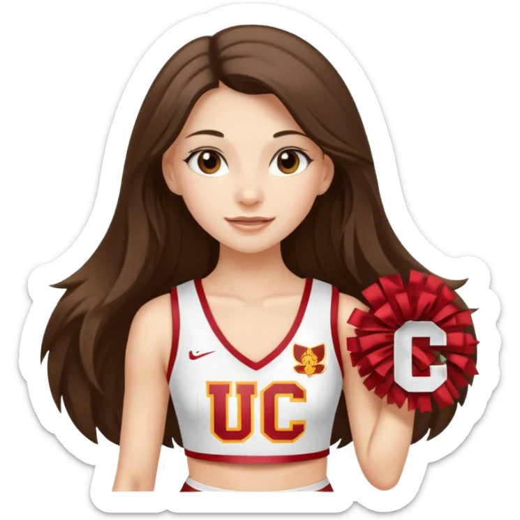 skinny white happy long haired brunette girl in a white USC cheerleader outfit with the letters USC sticker