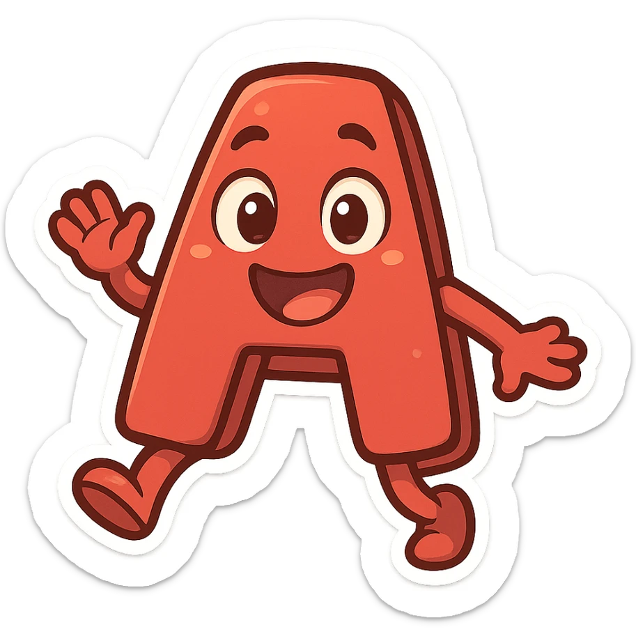 funny animated letter A with eyes and smile, cartoon style, bright colors, dynamic pose, transparent background sticker