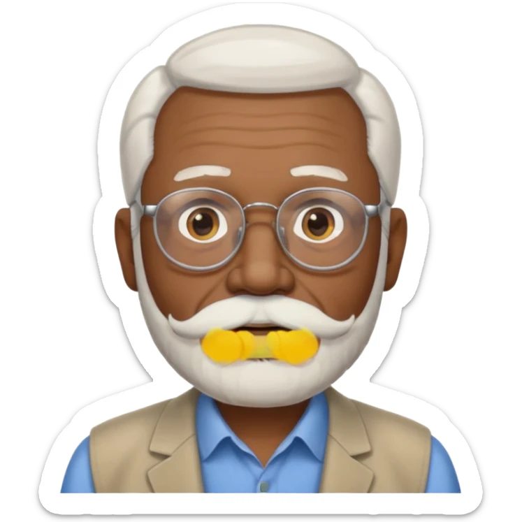 An elderly man emoji with medium-dark skin tone, white hair on the sides, glasses, light eyebrows, and a light white mustache and beard. sticker