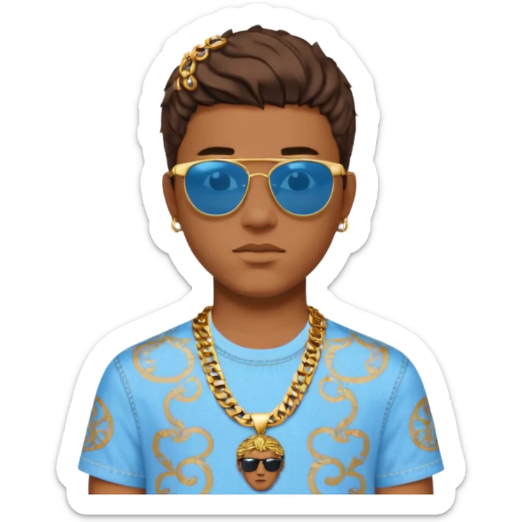 young man emoji with short brown hair, sunglasses on head, blue Versace shirt with gold patterns and Medusa logo, chain necklace, light blue jeans sticker