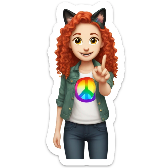 a white girl with long red curly hair in a pony tail with rainbow shirt does peace sign wearing cat ears one black other white sticker