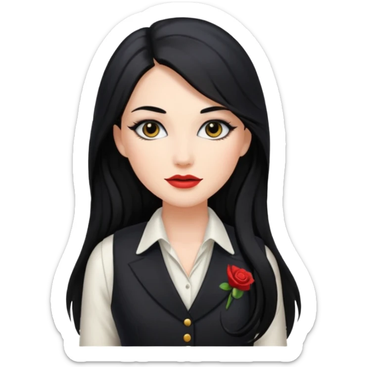 portrait of adult woman, formal vest, makeup, long black hair sticker