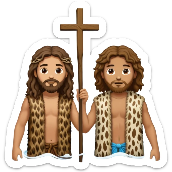 wavy hair John the Baptist, animal skin clothes, meets cousin Jesus in the water, they have clothes on sticker