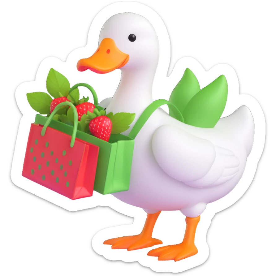 A white duck with an orange beak and feet, carrying a red strawberry with green leaves in a green bag. sticker