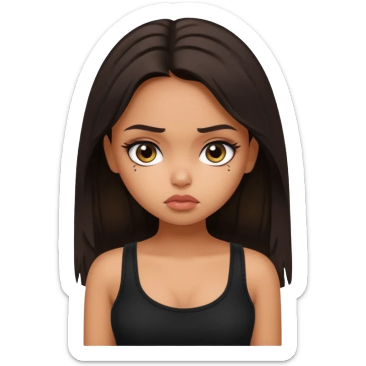 generate a pretty fair bratz girl with long dark brown hair looking sad. Wearing a black cami sticker