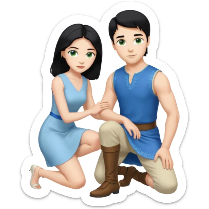 prince, upright, black Hair, blue eyes, garment,  woman, bending knee, white sleveless dress, blonde hair, green eyes, sticker