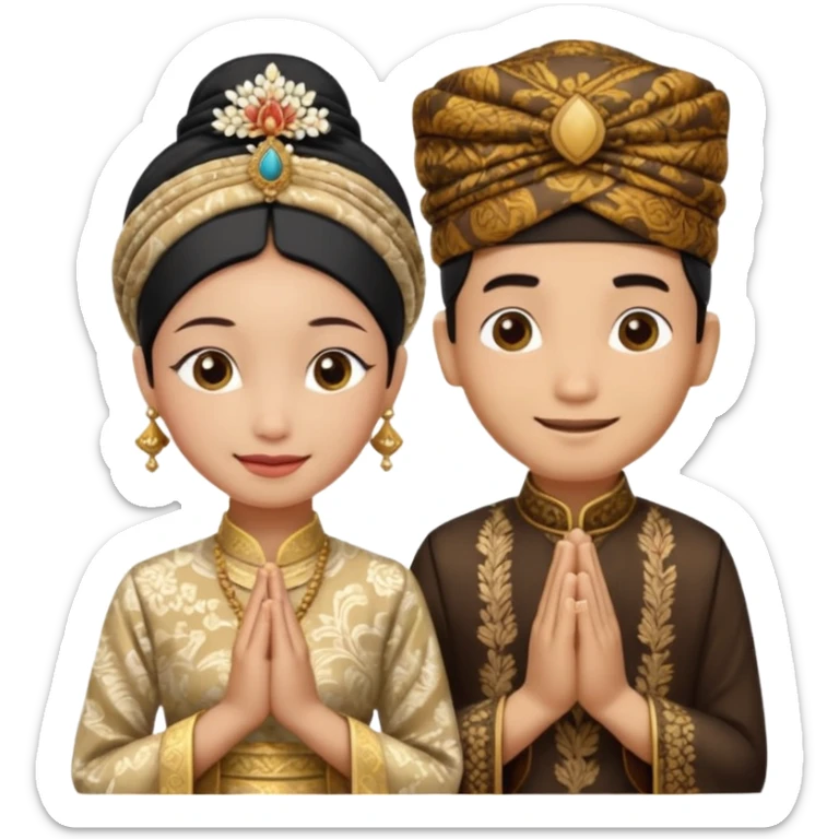 javanese person with shy smile (male) with batik blangkon hat and prayer hand, and also a javanese bride with sanggul or javanese classic updo and a shy smile sticker