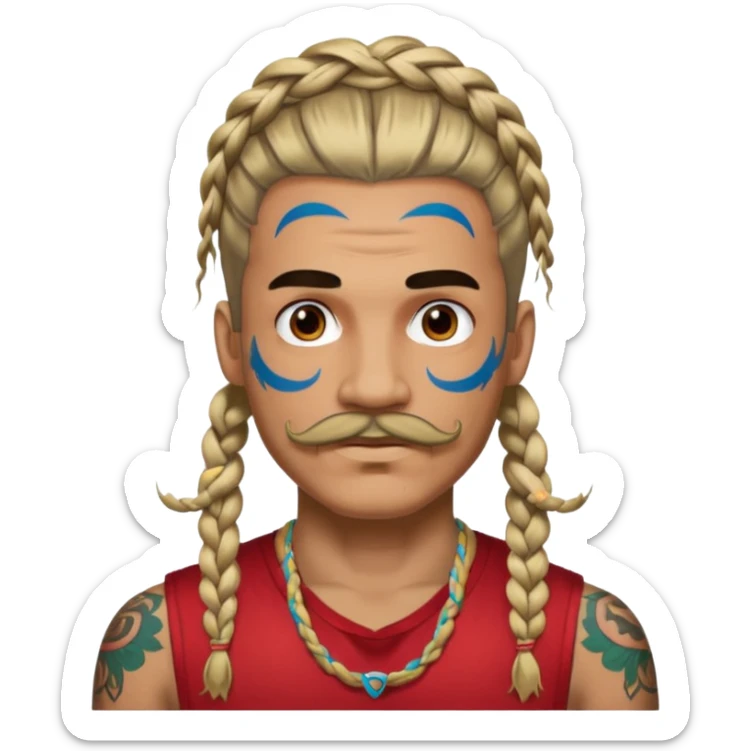 big lose braids starting from the top sides of the head man with mustache face wiith big visible loose only two braids and lots and lots of colored face tattoos colored tattoos like a tattoo artist hair unique color sticker