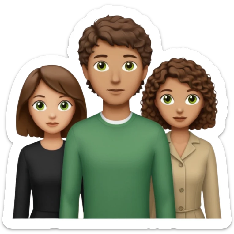 Man in the middle with brown hair and green eyes, women next to him with short brown hair with slight waves, taller women on right side with shoulder length curly hair and brown eyes sticker