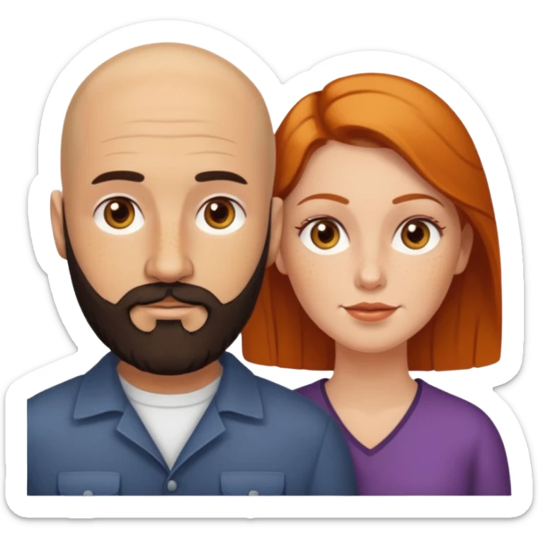Couple. Bald man with dark brown-black beard. White woman with many small, faded freckles, she has white skin and she has auburn-yellow-brown-cinnamon, dark hair. She has light orange-brown eyes. The man have hazel eyes. Retro style. sticker