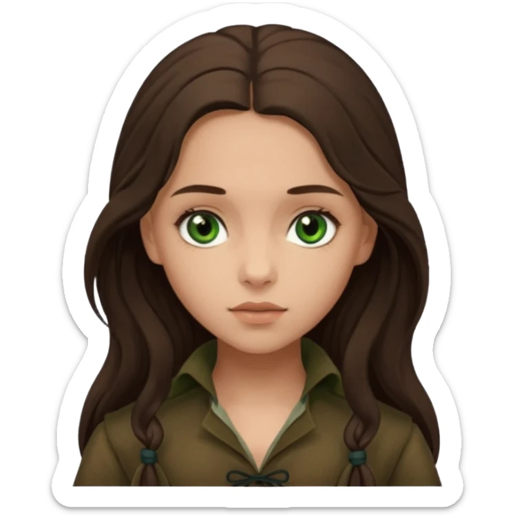 Eponine From Les Miserables with light skin, green eyes, Dark Brown long Hair, brown outfit sticker