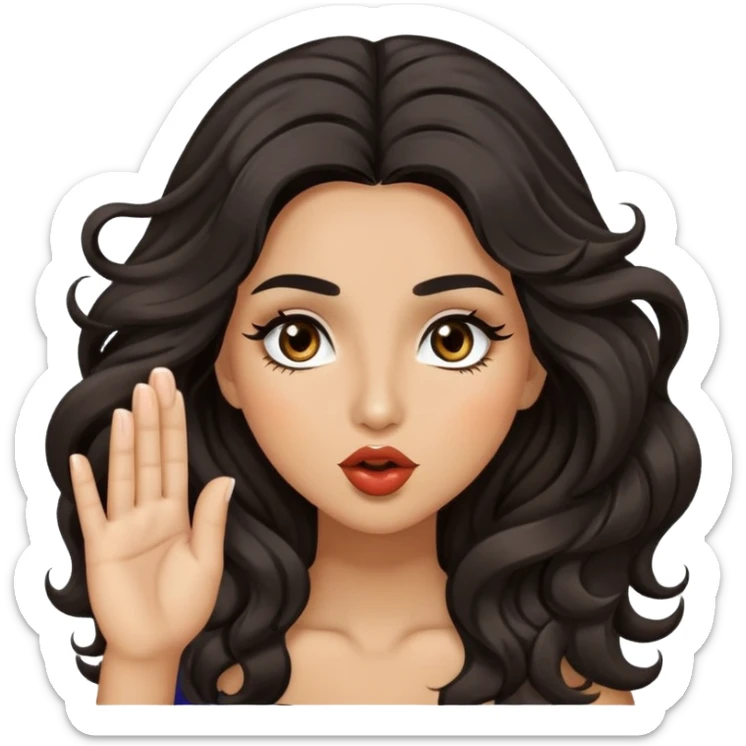 woman with olive skin, brown eyes and long lashes, and long black wavy hair blowing a kiss sticker