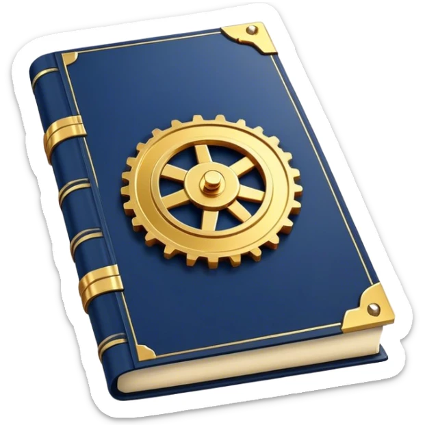 A navy blue book with gold details, metallic edges, and a golden gear with a chart with upward trend on the cover, radiating productivity success, strategy, and success in motion- sticker