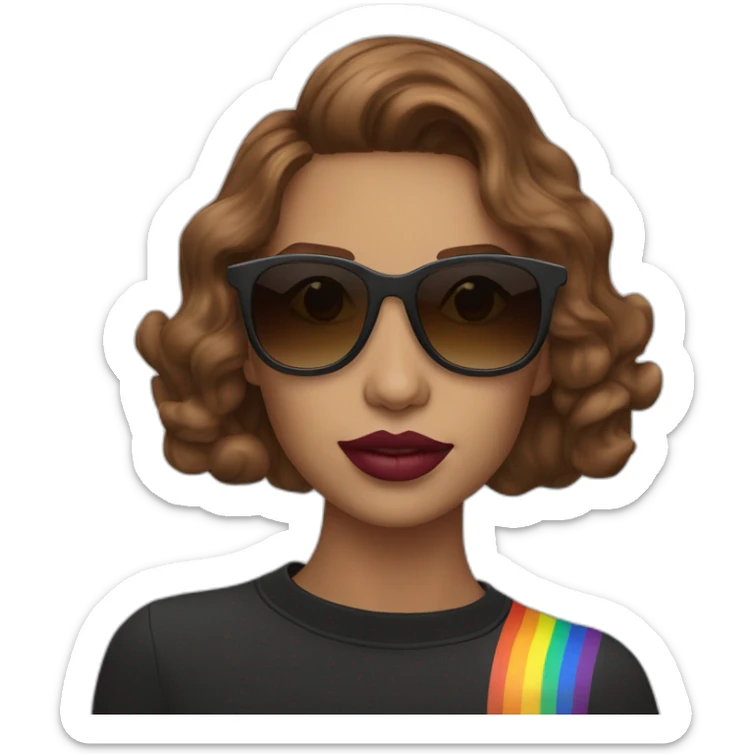 gay pride sunglasses on female head with wavy brown hair and rainbow lipstick sticker