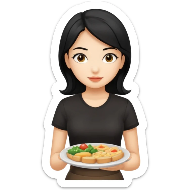waitress with black hair and a food plate with a black tshirt sticker