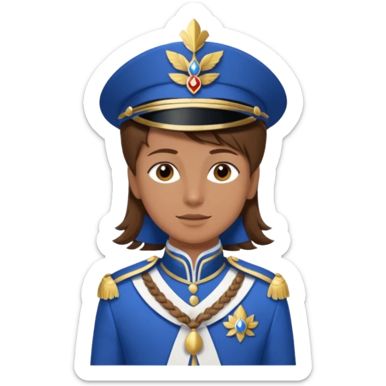 Bonjour, est ce que tu pourrais me créer un emoji, de moi (la personne a droite, brune) avec la tenue de certains membres de la  fanfare (la tenue bleue et blanche ) que tu vois sur la photo. Attention mets bien la fourragère a gauche s'il te plaît sticker