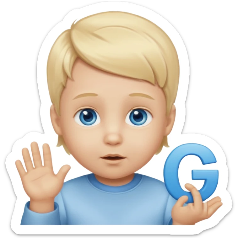 Caucasian blond hair blue eyed baby with a genius sign over it’s head sticker