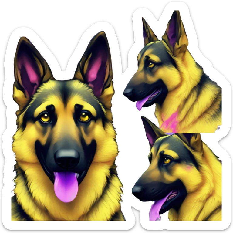 .Zombie_ Vaporwave black holographic oilslick zombie yellow German shepherd dog yellow caution tape graffiti stripes iridescent blue purple mane yellow stripes sticker