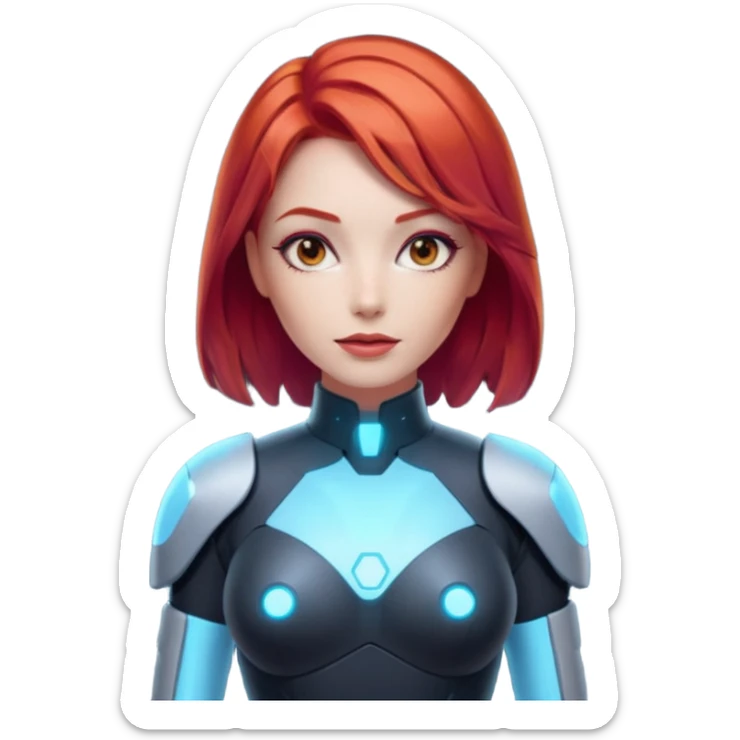 an AI agent, futuristic, digital, glowing, red hair, sexy dress sticker