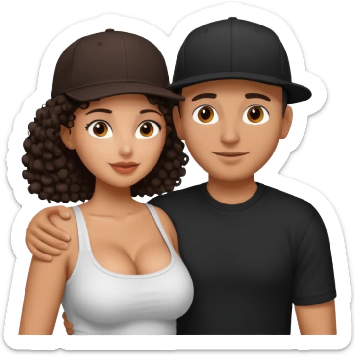 A picture of an embracing tanned couple. the man is a Mexican man with tanned skin, with a bald hair cut wearing a SnapBack hat and a black shirt. the woman has curly dark brown hair and with big boobs   sticker