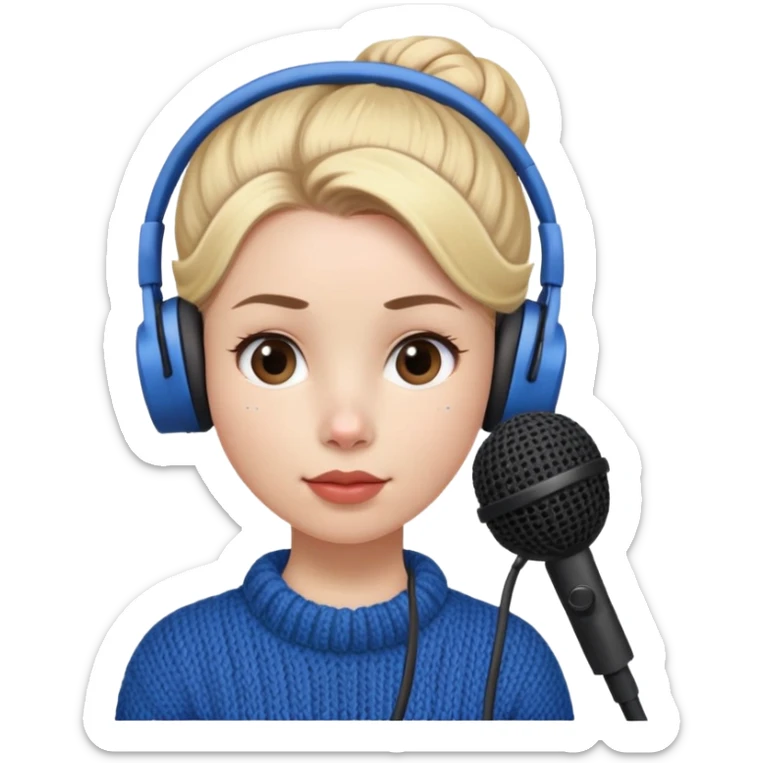 a cute face girl have bright white skin
and small natural reddish lips lips with
blue knitwear with a blonde ONE hair
bun and she is a podcaster in her
school. with recording microphone in
front of her not held and a headphone
in her head sticker