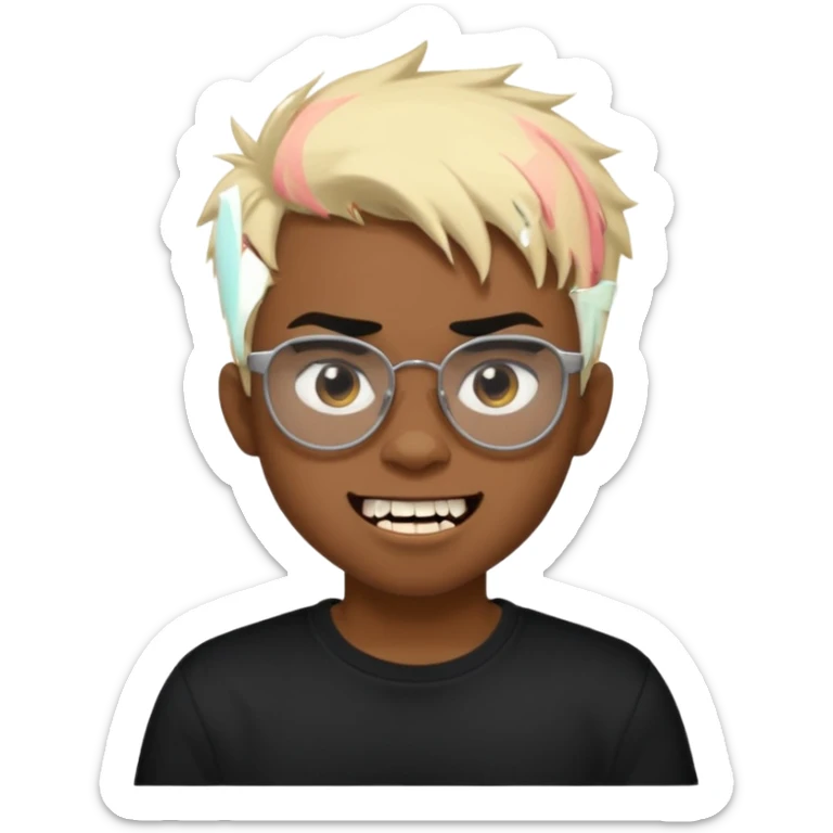 Black Male Teenager with Short punk messy blonde hair, Dark brown bushy eyebrows large expressive golden-brown eyes, wearing a plain white t-shirt, wearing thick black glasses, Dark Brown skin color. Showing off his singular vampire tooth sticker
