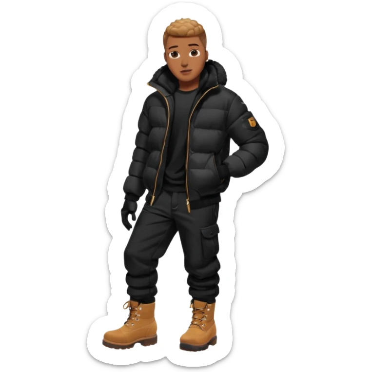 Handsome Black grown man with brown skin tone, wear black joggers, a black bubble coat, and buckwheat timberland boots, and black gloves sticker