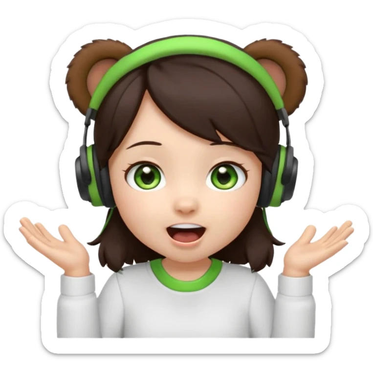 Animated emoji, Chibi girl, dark brown hair, green eyes, wearing a white shirt and small brown bear ears on a black headset, with wide happy surprised eyes and mouth and clapping excitedly sticker