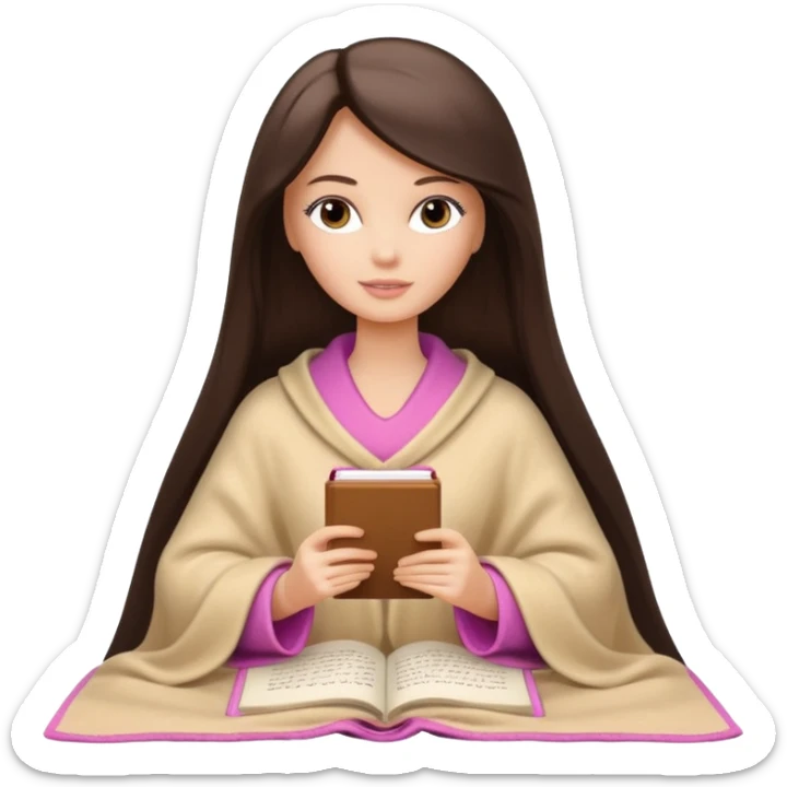 White Barbie girl with a long straight dark brown hair inside a beige blanket is writing a book sticker