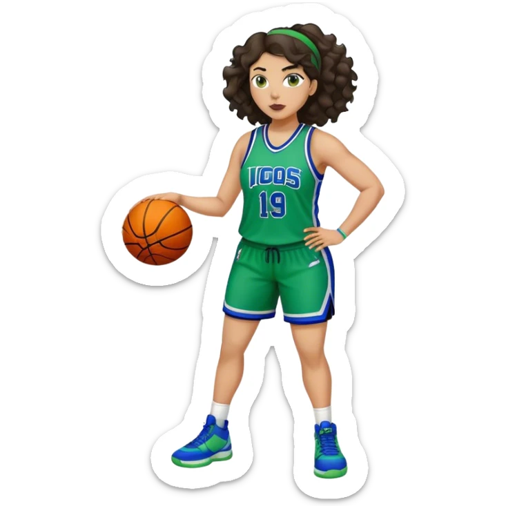 full body plus size light skin latino women basketball player with wavy dark hair large wide nose wearing blue with green uniform sticker