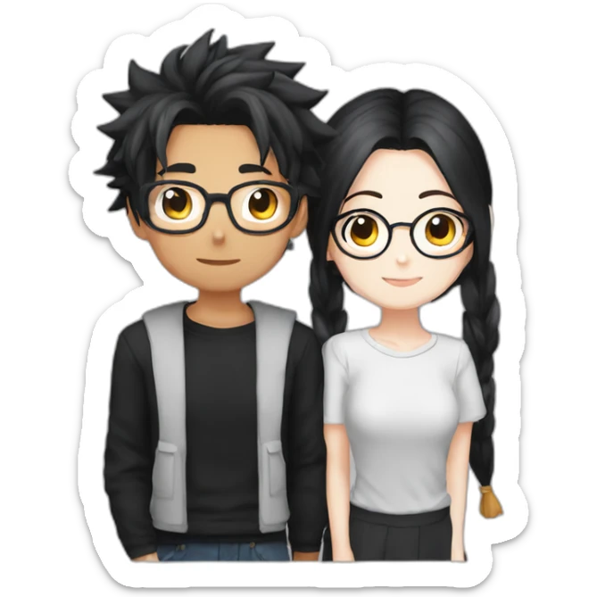 girl otaku redhead wearing glasses and black shirt with her saiyajin boyfriend black hair sticker