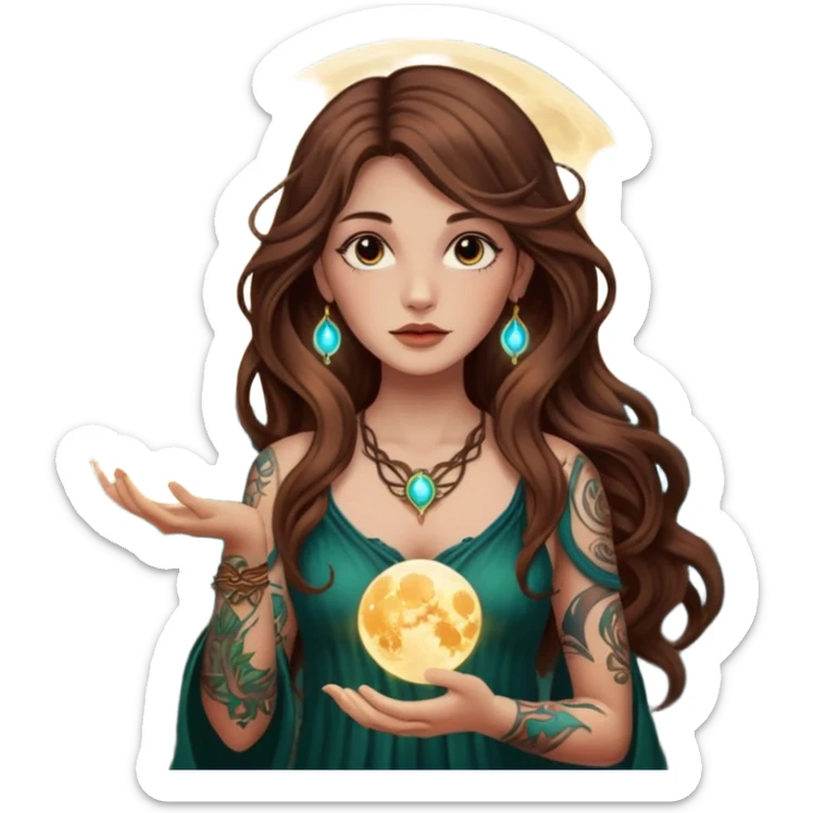 forest mystic woman long wavy brown hair tattoos holding glowing moon orb sticker