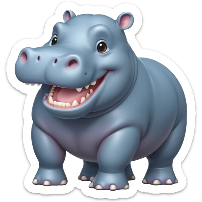 cinematic-hippo-realistic-full-body-side-view-standing-on-all-fours-emoji,-massive-round-frame,-wide-mouthed-grin-exposing-huge-teeth,-head-tilted-dramatically,-thick-greyish blue-hide-glossy, big cute eyes sticker