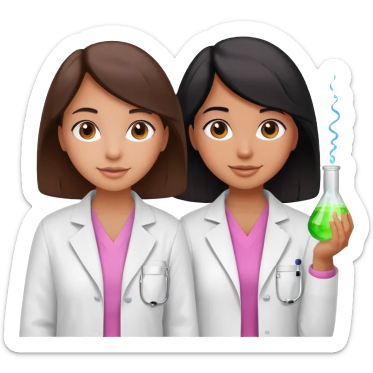 cientificas con blusa rosa y bata blanca felices, una chica con pelo marrón y otra chica un poco mas pequeña como una niña con pelo negro, deben tener la piel un poco bronceadas sticker