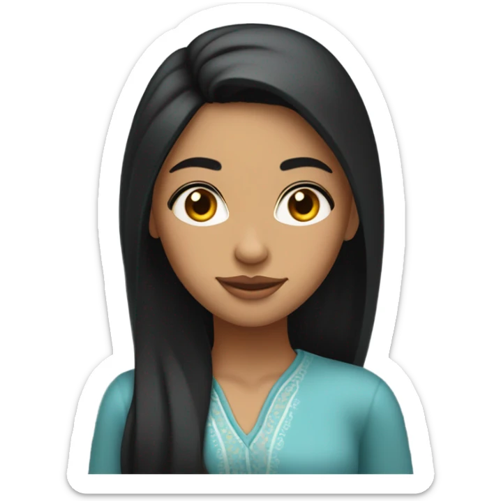 A dark black brown long hair girl , high cheekbones,indian features  with a giving a flirty smirk giving an eye roll medium fair complexion  sticker
