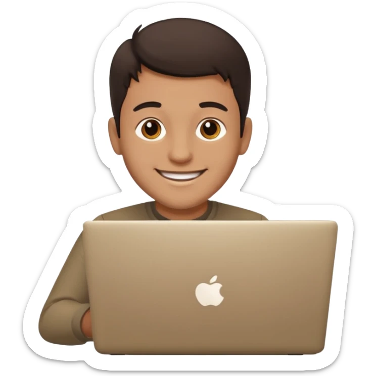 happy man on laptop with light brown skin color , with dark hair front of laptop sticker