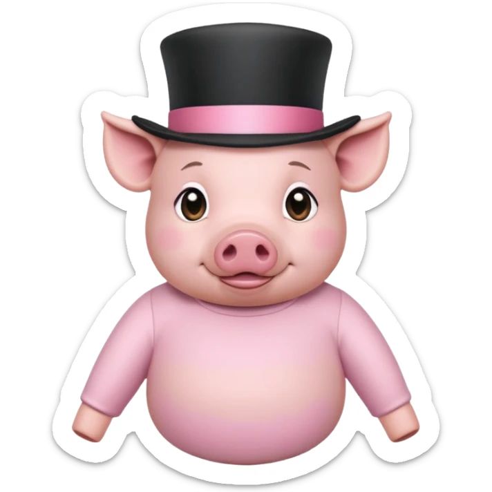 Pig wearing a long sleeve tshirt, baby pink, with the print ’suiade’ and a top hat sticker