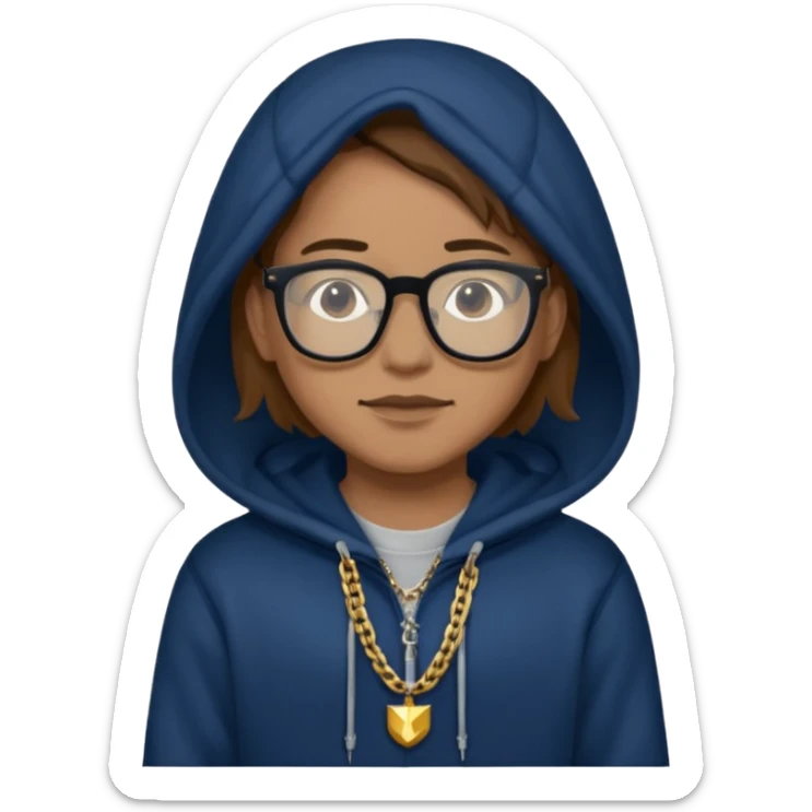 Brown hair with black glasses and a dark blue hoodie that says caylus kingdom with black pants and a gold chain sticker