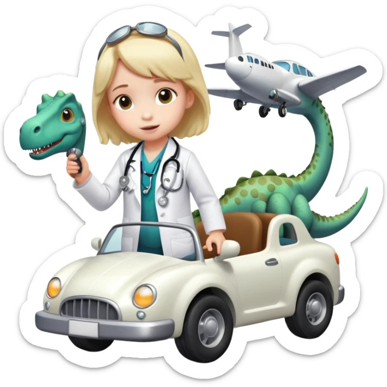 a dinosaur used as an air plane coming out of a black car with a little girl with a white medical doctors coat and a stetoscope around her neck sticker