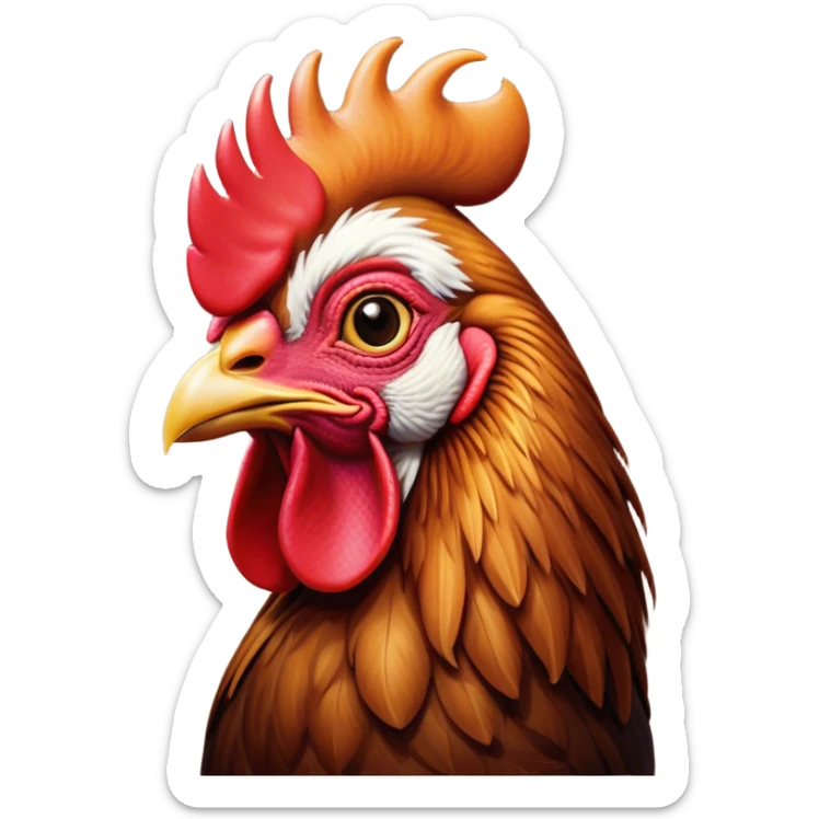 Cinematic Noble Brown Rooster Portrait Emoji, Poised and regal, with a robust, commanding build and a rich, well-groomed brown plumage, deep-set soulful warm eyes, Simplified yet sharp and sophisticated features, highly detailed, glowing with a soft, dignified glow, high shine, intelligent and proud, stylized with an air of rustic majesty, focused and attentive, soft glowing outline, capturing the essence of a watchful and confident leader, so majestic it feels as though it could crow out of the screen with effortless authority! sticker