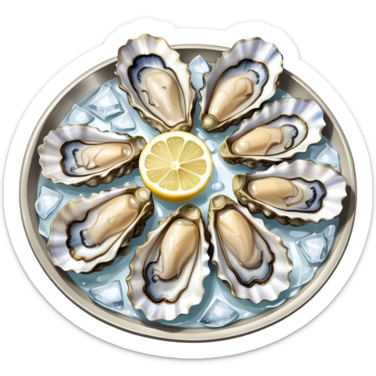 Cinematic fresh oysters on the half-shell, glistening with seawater, served with lemon wedges and ice, soft glowing highlights, elegant and luxurious. sticker