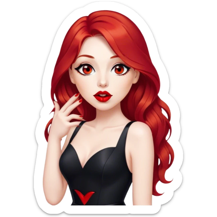 a pretty woman with long red hair and red eyes. The woman wear a black little cutted dress. She have red lipstick and she have a seductive look. She do a kiss sticker