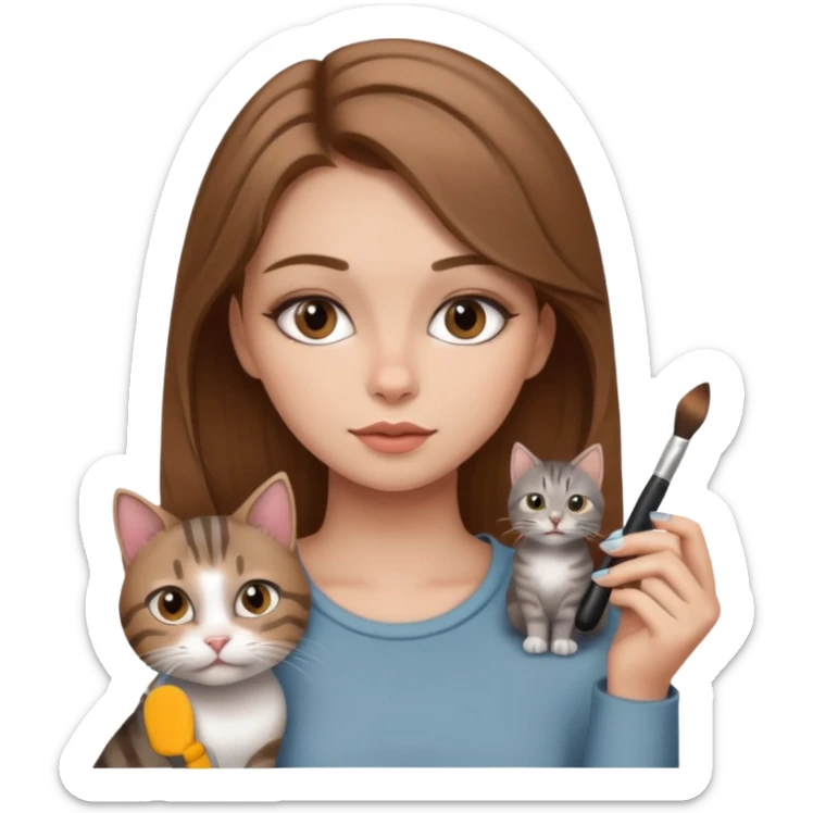 A image of a girl with light brown hair doing her makeup with her grey tabby cat sticker